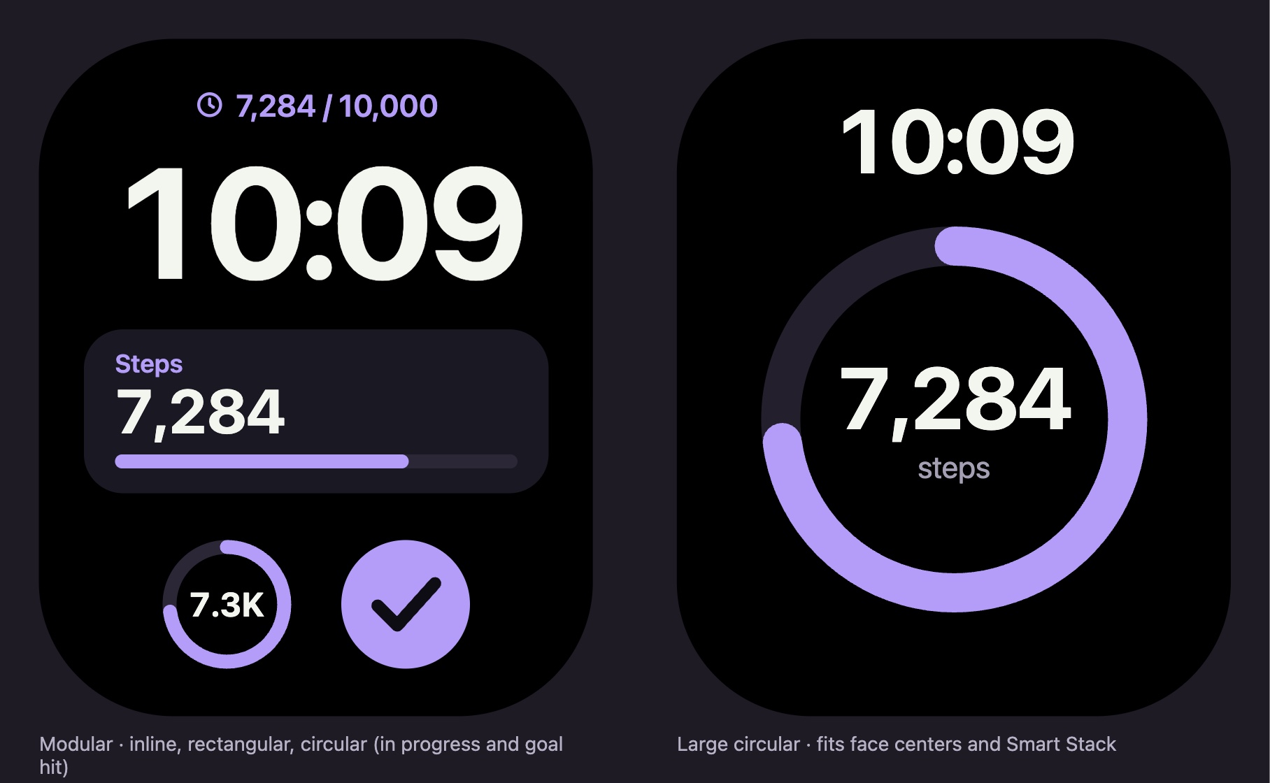 Two Apple Watch faces with Steps complications: a modular face with steps and a progress bar, and a large circular ring