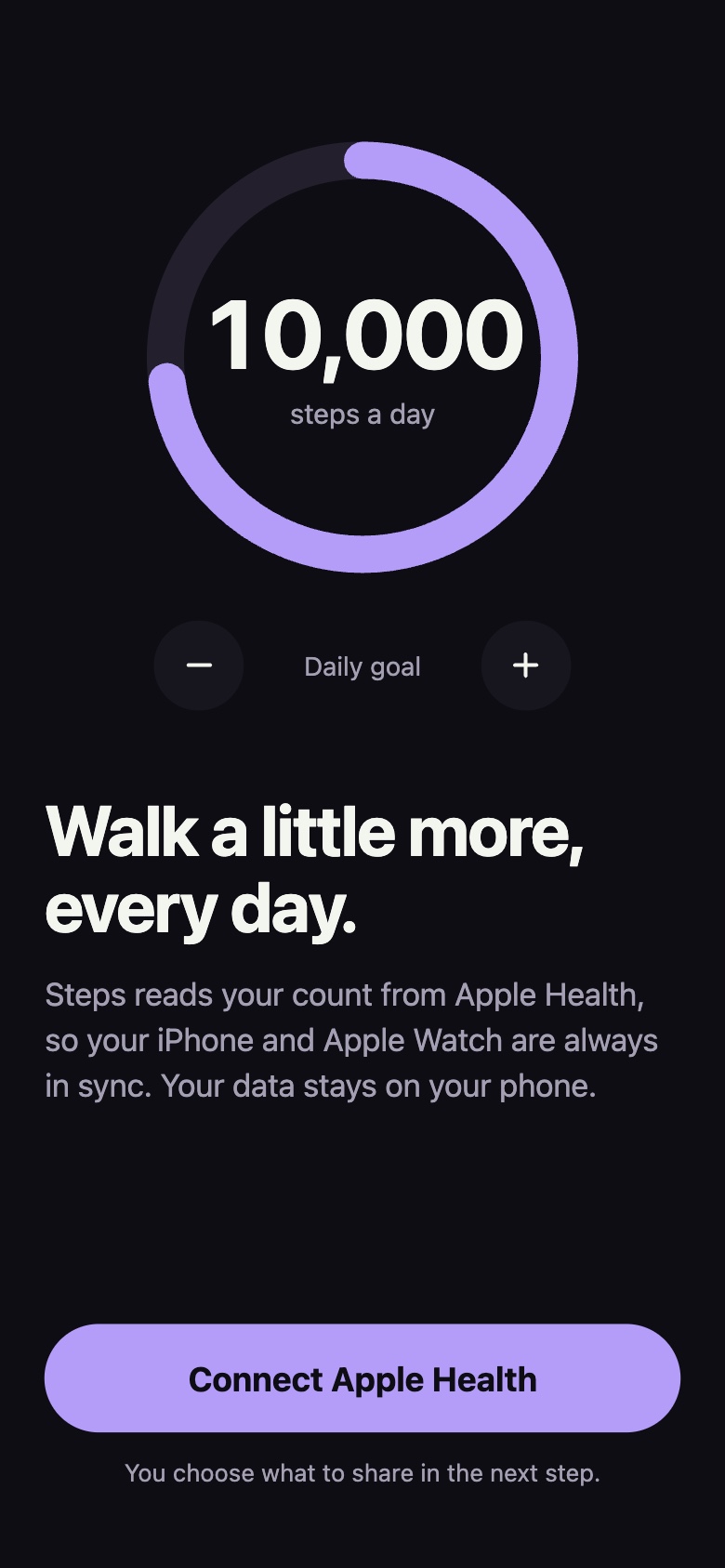 Welcome screen with a ring around 10,000 steps a day and a Connect Apple Health button