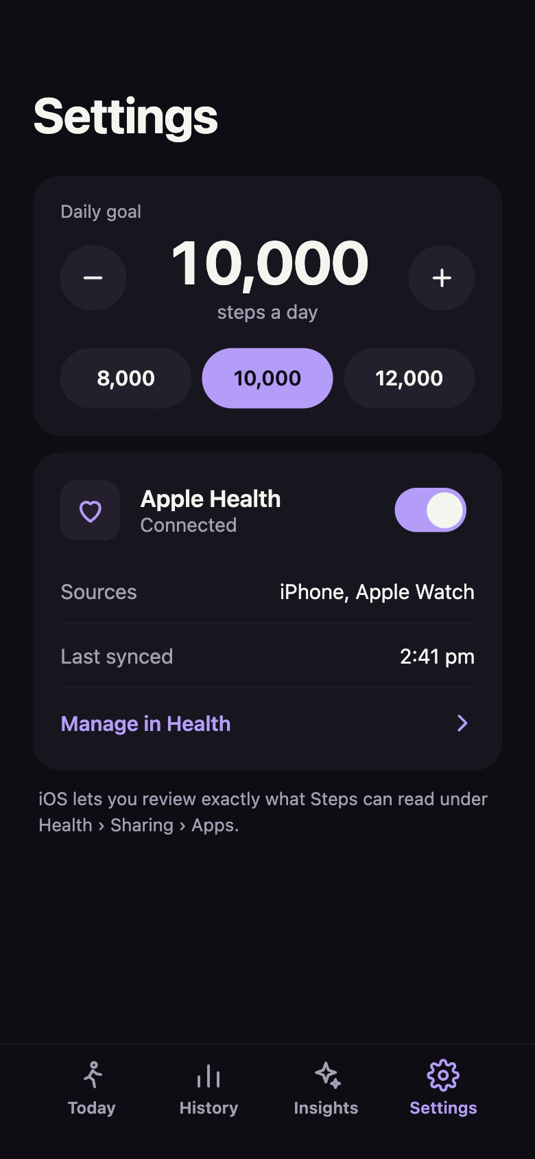 Settings screen with a daily goal of 10,000 steps and the Apple Health connection