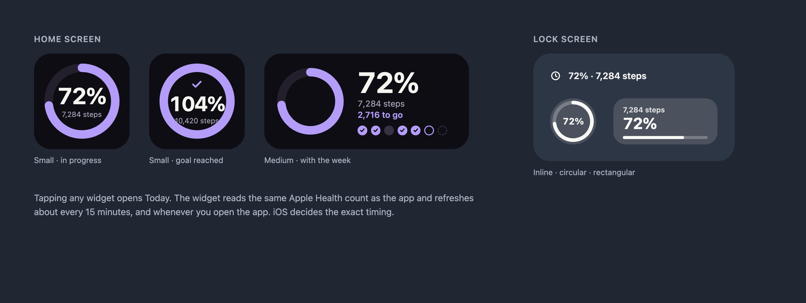 Home Screen widgets showing 72 percent in progress, 104 percent goal reached and a medium widget with the week, plus Lock Screen widgets